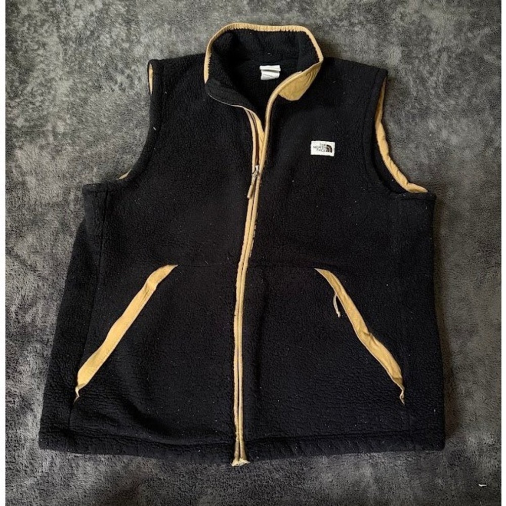 Vintage The North Face Men XL Sherpa Fleece Vest Black Tan Trim Full Zip Outdoor